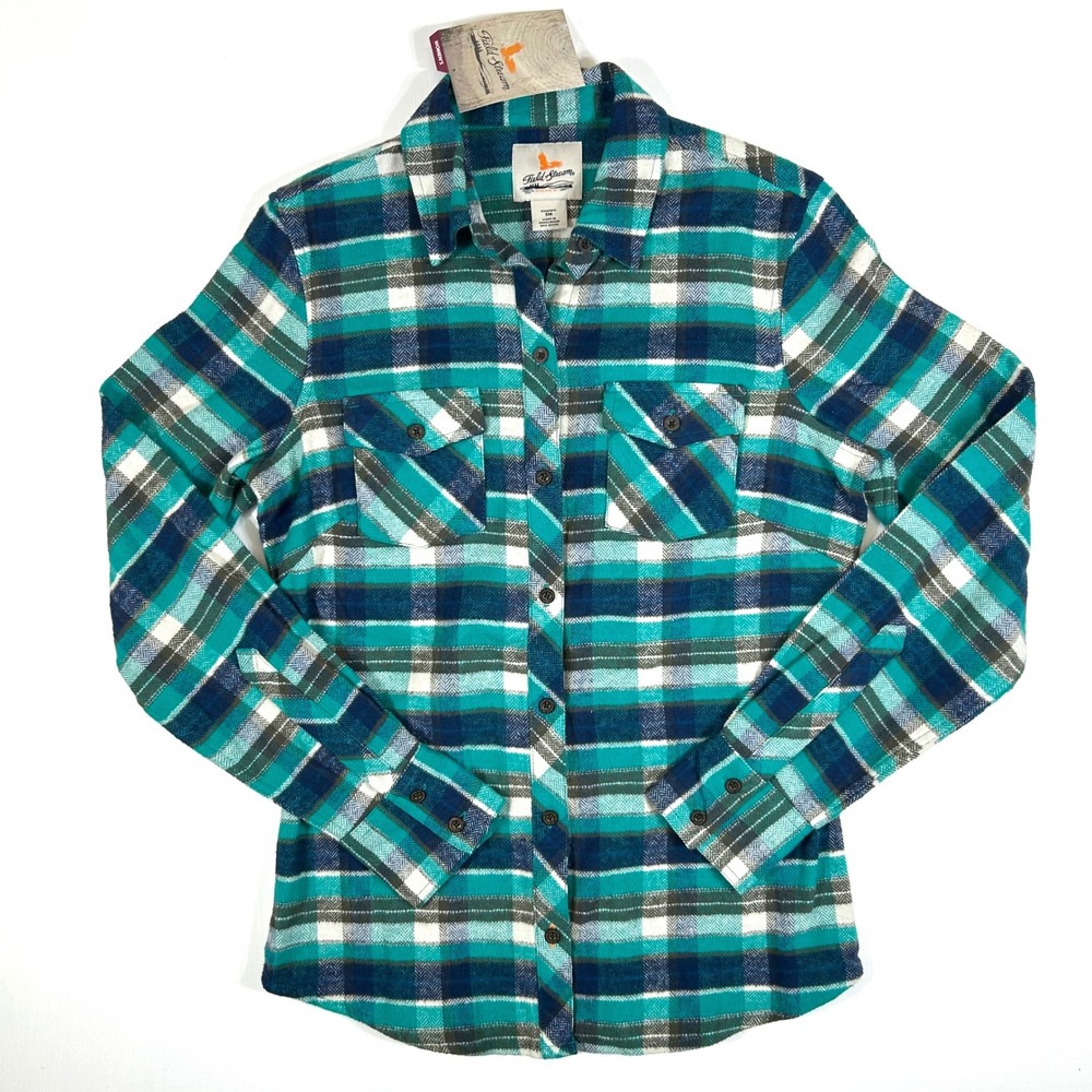 Field & Stream Womens Teal Blue Plaid Cotton Flannel Shirt Size SM New With Tags